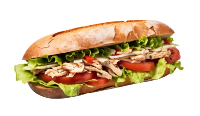 Fotobehang From above appetizing sandwich with grilled chicken, fresh lettuce and tomatoes served on transparent background - Generative AI © seogi