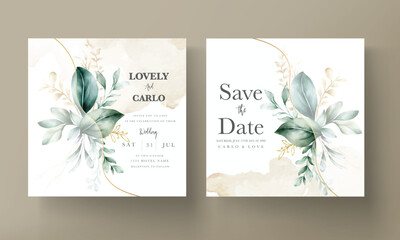 Floral engagement invitation template with leaves watercolor - obrazy, fototapety, plakaty