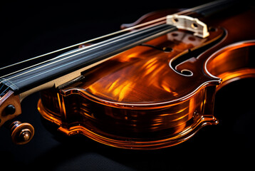 Close up with violin neck and strings, in the style of minimalist staging