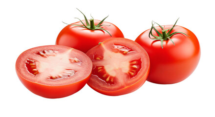 Tomato isolated. Tomato whole, half and slice on transparent background - Generative AI
