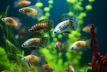 A colorful guppies swim in an aquarium of blue water
