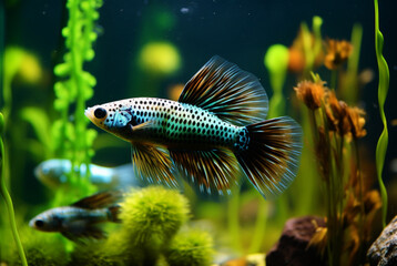 A colorful guppies swim in an aquarium of blue water - obrazy, fototapety, plakaty