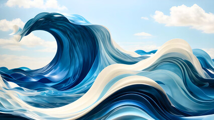 3D illustration of blue and white wavy with bright sky. Abstract background for design, backdrop, wallpaper, banner or poster 