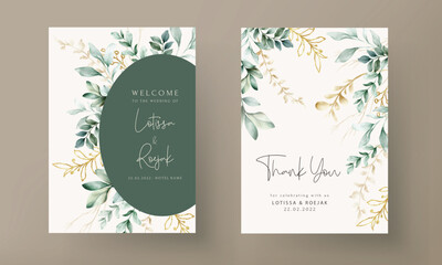 Fototapeta na wymiar Floral engagement invitation template with leaves watercolor