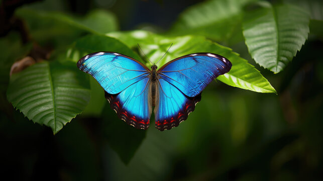 butterfly on a leaf, , Butterfly Blue Morpho, Morpho peleides, in rainforest