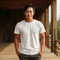 Fototapeta premium attractive asian man wearing blank t-shirt for graphic design mockup