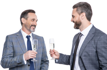 successful partnership in business deal. businessmen dealing isolated on white. celebrate business partnership. happy two businessmen partner celebrating business deal with champagne