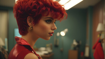 Portrait of beautiful young woman with red curly hair and makeup.