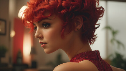 Portrait of beautiful young woman with red curly hair and makeup.