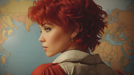 Portrait of a red-haired girl in front of a world map