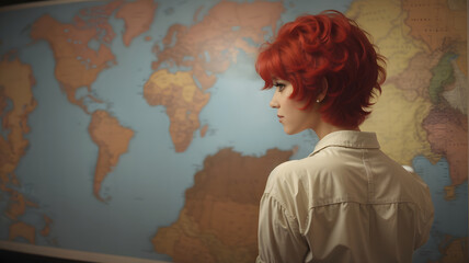 Portrait of a red-haired girl in front of a world map