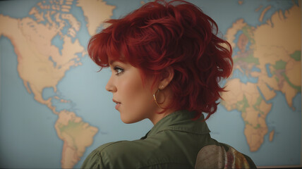 Portrait of a red-haired girl in front of a world map