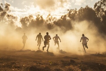 Group of sport people playing football or soccer on dirt ground in the smoky fog and dust...
