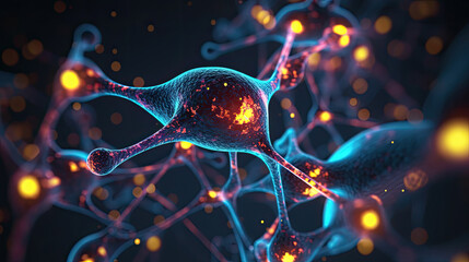Neural connection, bright lights, synapses, 	 Glowing neural links network background. Illustration representing artificial intelligence neural activity and connections
