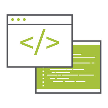 Coding Mastery. Dual IDE Windows Unleash Programming Power.  IDE windows with code. Coding environment symbol. Dual IDE interface graphic. Code development workspace.