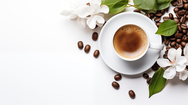 A cup of coffee with coffee beans and white flowers on a white background. There is a top view and copy space for text.