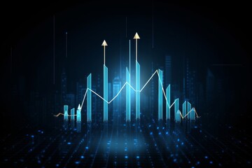 Futuristic raised triple-up arrow chart with candlesticks digital transformation abstract technology background. Big data and business growth currency, Generative AI - obrazy, fototapety, plakaty