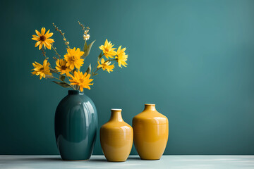 Glossy Mustard-Yellow and Teal Ceramic Vases with Yellow Flowers