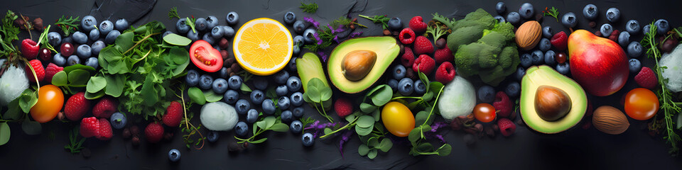 Colorful Assortment of Fresh Fruits and Vegetables on Dark Background
