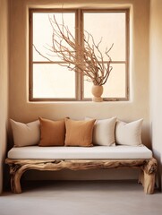 Rustic aged wood tree trunk bench with pillows near stucco wall with dried twig decor. Boho interior design of modern living room with window in farmhouse. Created with generative, Generative AI