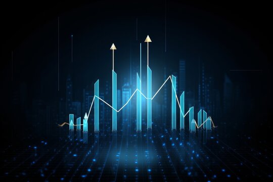 Futuristic raised triple-up arrow chart with candlesticks digital transformation abstract technology background. Big data and business growth currency, Generative AI