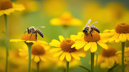 bees  on helenium flowers,Bee and flower. Close up of a large striped bee collects honey on a yellow flower on a Sunny bright day. Macro horizontal photography. Summer and spring backgrounds