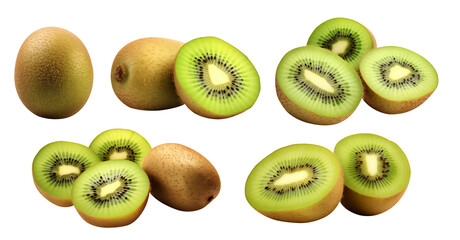 Fototapeta premium Kiwi fruit isolated. Set of whole and sliced kiwi isolated on transparent background - Generative AI