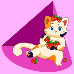 Cute Cat Hugging Strawberry Illustration