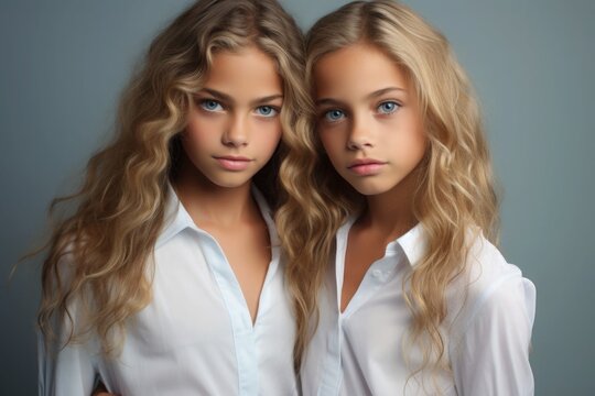 Portrait of Twin Girls Identical Fraternal Twins Children Sisters Siblings Sisterhood Teenagers on Solid Color Background 