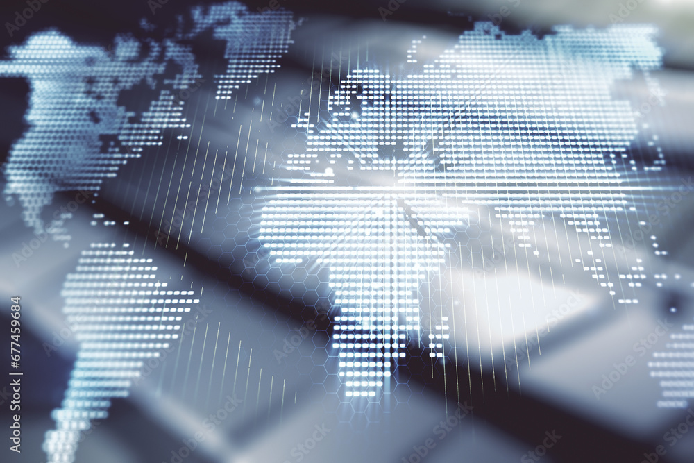 Poster double exposure of abstract digital world map hologram on shiny metal background, big data and block