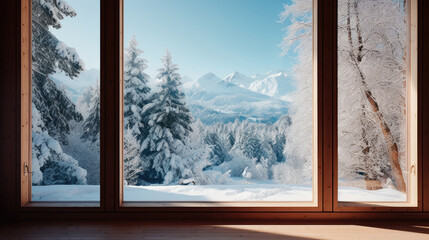 View of winter landscape through wooden frame of window