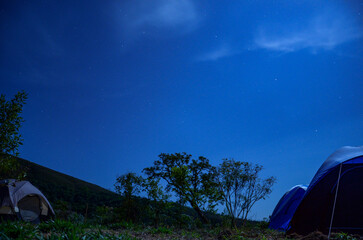 Camping tents under starry sky