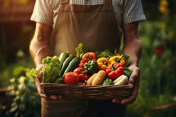 The Bounty of the Harvest: A Man Holding a Basket of Fresh, Colourful Vegetables. A man holding a basket full of vegetables - obrazy, fototapety, plakaty