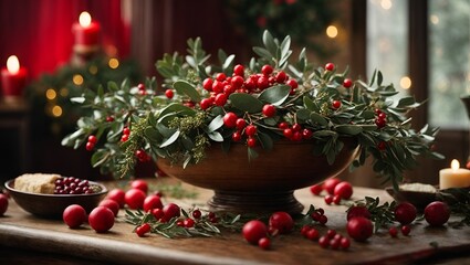 An abstract scene featuring mistletoe, blending traditional greenery with red berries and a magical aura of joy.