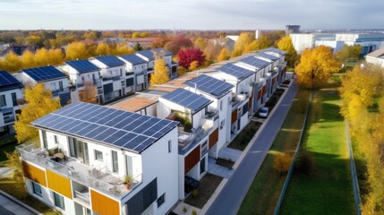 Fototapeta premium Eco-friendly apartment buildings with solar panels on roofs surrounded by autumn trees. Apartment buildings with environmentally friendly large batteries on rooftops on edge of multi-colored trees
