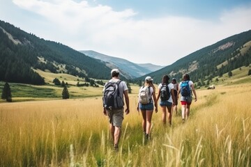 Fototapeta na wymiar Family on foot walking with hiking backpacks climbs mountains in summer enjoying nature. Big friendly hikers family walks in countryside valley to get some fresh air at mountains hike under warm sun