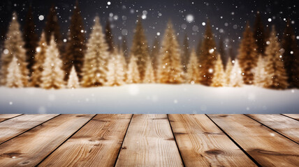 Rustic Modern wooden table on the Bokeh effect Christmas trees in the forest in snowing night