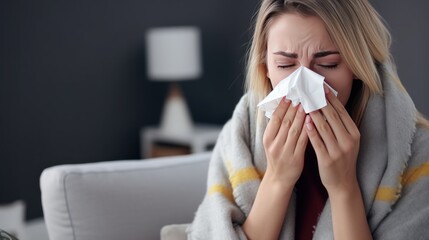 Young Caucasian woman wrapped in warm clothes due to chills has flu sneezing in napkin in modern cozy apartment. Caucasian woman caught cold and now suffers from flu with runny nose