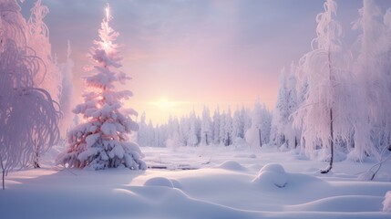 Winter snowy forest and a Christmas tree shining in the rays of dawn