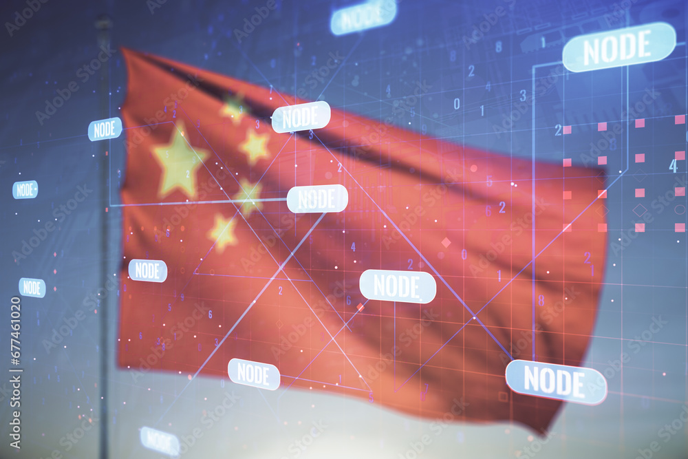 Aufkleber multi exposure of abstract graphic coding sketch on chinese flag and sunset sky background, big data