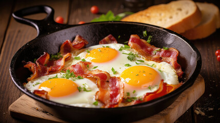 delecious  fried eggs with bacon  in a frying pan, Bacon and eggs in a pan. breakfast food