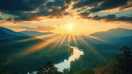 sunset over the mountains, Tropical landscape panorama with sunset or sunrise dramatic sky.