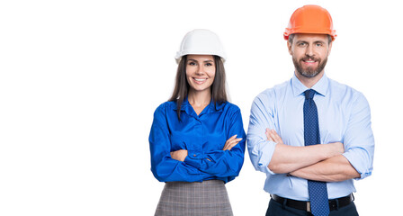 Businesspeople architect at inspection. Engineering inspection supervisor isolated on white. Inspection by businesspeople in office. Architect inspector colleagues. Copy space banner