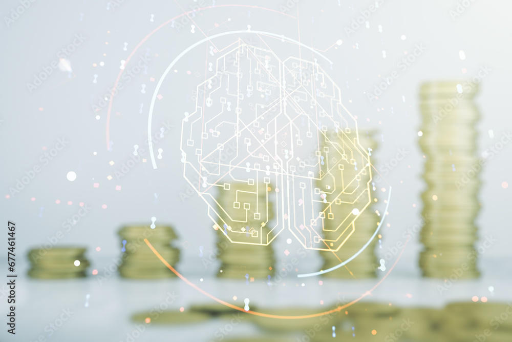 Poster double exposure of creative artificial intelligence interface on growing stacks of coins background.