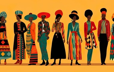 Black History Month graphic poster. Flat pattern for tribal style clothes. African people in traditional costumes on yellow background. Bright warm colours, geometric composition. AI Generative - obrazy, fototapety, plakaty