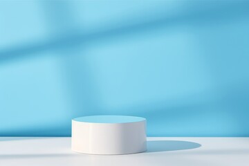 Cylinder podium for products or cosmetics against light blue background with window shadow, Generative AI