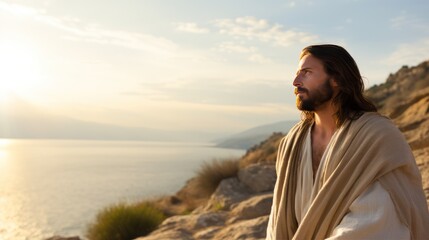 Jesus in robe standing on stone shore strewn with bushes by sea looking at landscape. Jesus Christ walking near sea. Jesus Christ calmly walking near sea searching for asks for important questions - obrazy, fototapety, plakaty