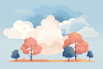 Nature and environment concept. Abstract colorful illustration of trees and clouds. Minimalist style background with copy space. Pastel colors