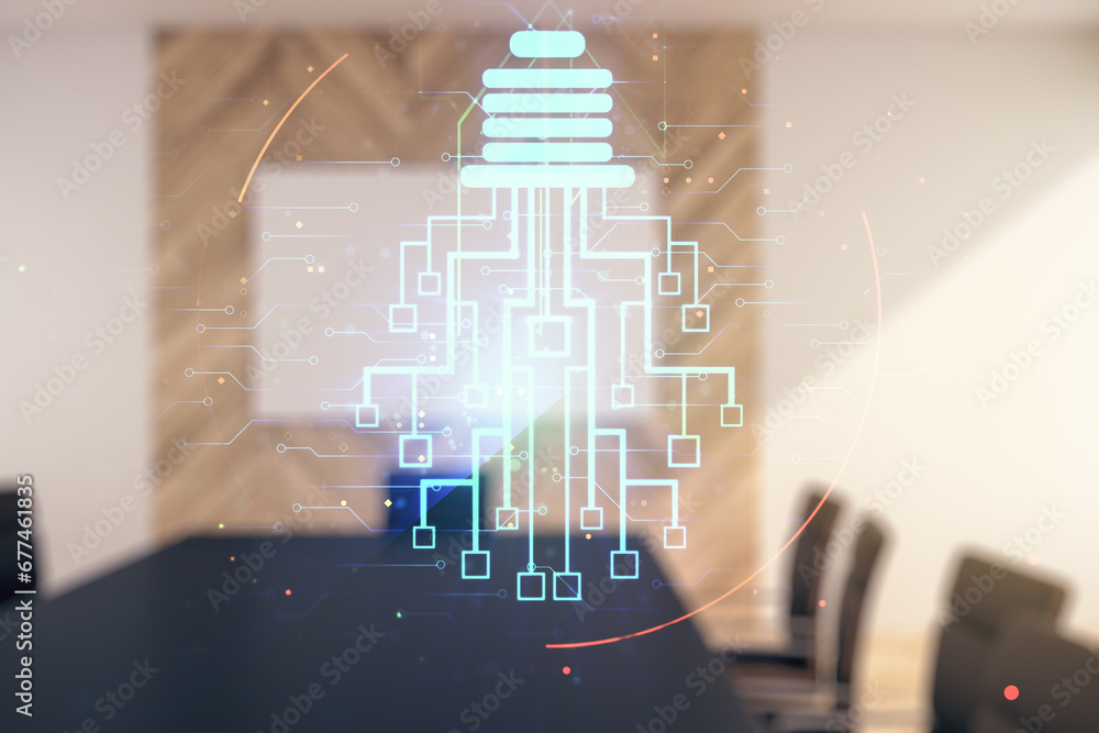 Poster virtual creative idea concept with light bulb and microcircuit illustration on a modern conference r