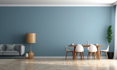 Modern interior design of apartment, empty living room with blank blue wall, dining room with table and chairs,  interior background, 3d rendering, Generative AI